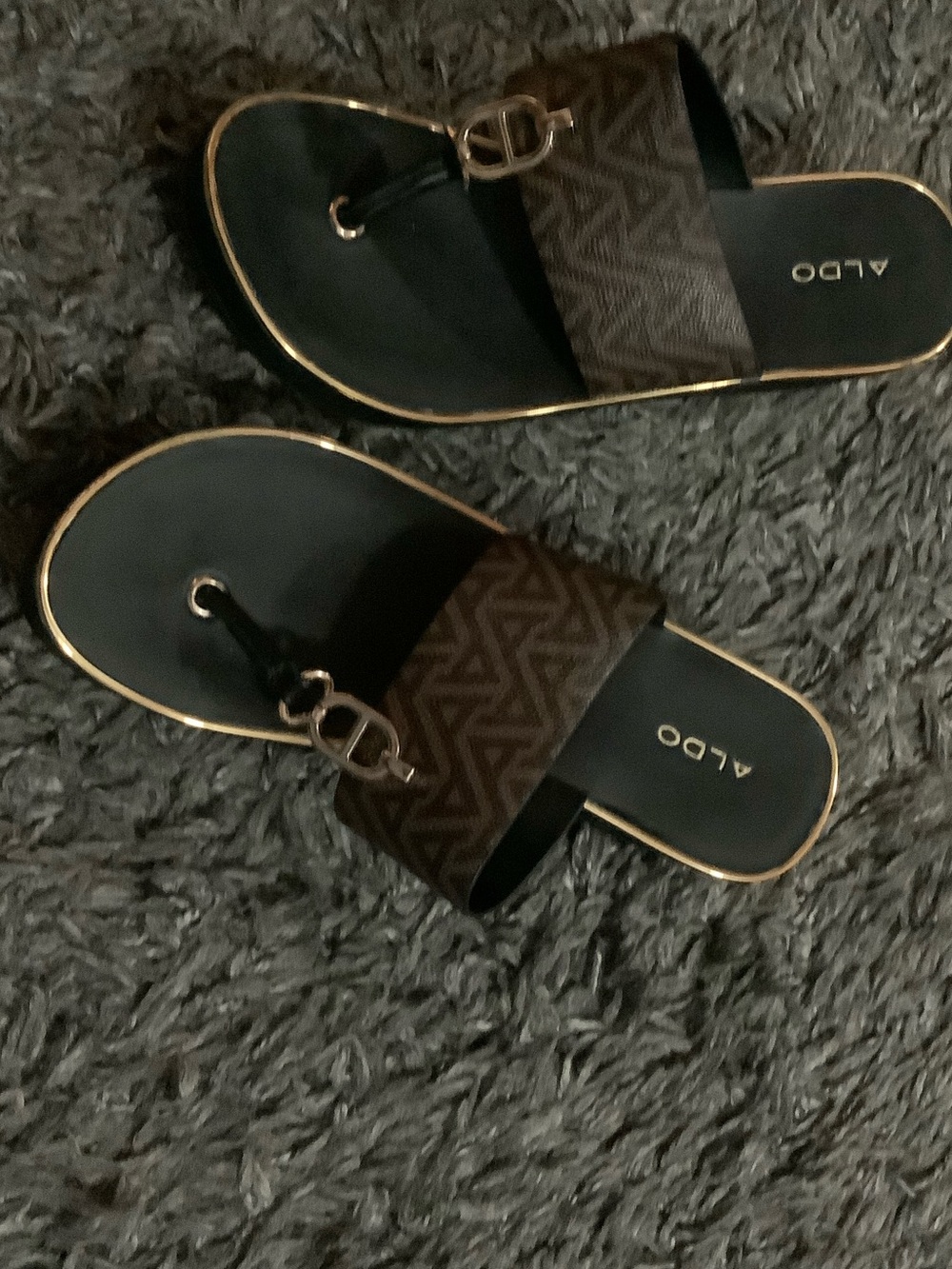 ALDO Black & Brown Logo-Print Slide Sandals with Gold Trim